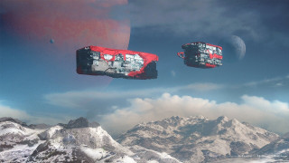 Red objects floating mountains moon - a mountain range in the background free wallpaper