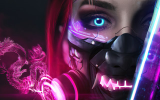 Woman pinkmask sword dragon glow - artstation hq free wallpaper