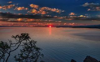 Sunset water tree clouds red - a sunset over a body of water free wallpaper