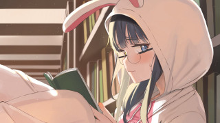 Library manga woman hoodie reading - a book in her hand and a book in her other hand free wallpaper