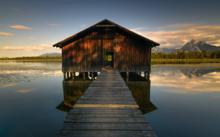 Wooden dock house lake mountains - a wooden dock free wallpaper