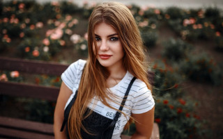 Woman longhair stripedshirt flowers bench - striped free wallpaper