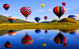 Hot air balloons lake mountains 3 - free happy birthday wallpaper for desktop