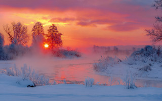 River steam sunset trees snow - a sunset in the background free wallpaper for desktop
