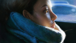 Woman blue scarf looking window - a blue scarf free wallpaper