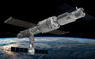 Space station satellite planet dark - free space wallpaper