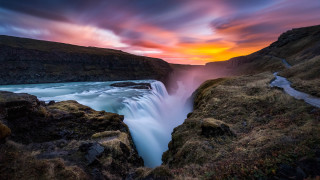 Waterfall sunset river bridge landscape - a bridge in the middle free wallpaper for desktop