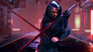 Futuristic cyberpunk man swords red - a futuristic setting free wallpaper for desktop