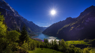 Mountain lake forest sunlight landscape - shining free wallpaper