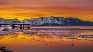 Pier mountains sunset lake snow - a pier free wallpaper