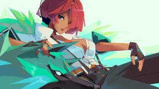 Redhair woman sword greenbackground bluesky - game art free wallpaper