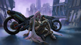 Futuristic city motorcycle pink hair - cyberpunk style free wallpaper