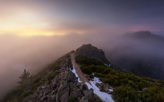 Mountain trail fog clouds dusk - volumetric fog free wallpaper for desktop