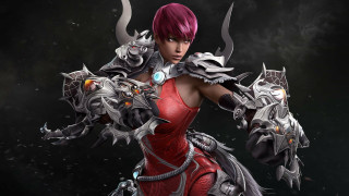 Woman red dress sword demon 5 - horn free wallpaper for desktop