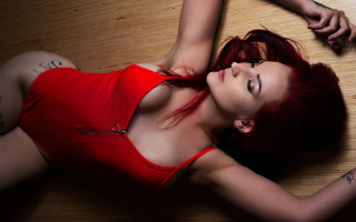 Woman red top wooden floor - barbara greg free wallpaper