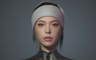 Woman whiteheadband whitehat graybackground cyberpunk - ultra realistic face free wallpaper