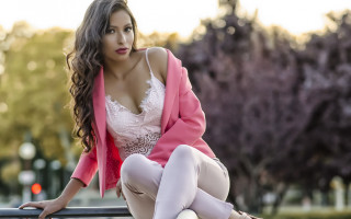 Woman pinkjacket whitetop park bokeh - a pink jacket free wallpaper