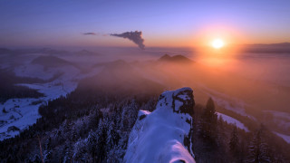 Sunset snowy mountain steam stack - a sunset over a snowy mountain free wallpaper
