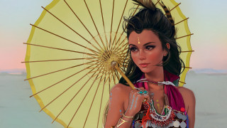 Woman yellow umbrella desert pink - a pink sky in the background free wallpaper