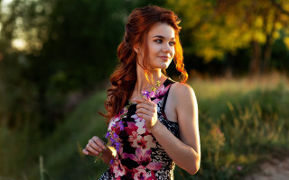 Woman floral dress smiling bokeh - floral free wallpaper for desktop