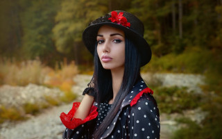 Woman blackhair polkadotdress hat redbows - long black hair free wallpaper