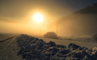 Snowy road foggy sunrise mountains - the distance in the distance free wallpaper