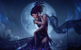 Woman fullmoon water dress scarf - dark fantasy art free wallpaper