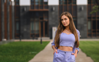 Woman casual cosplay portrait outdoors - a sidewalk in front free wallpaper