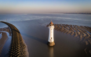 Lighthouse beach ocean path sky - wide angle len free wallpaper for desktop