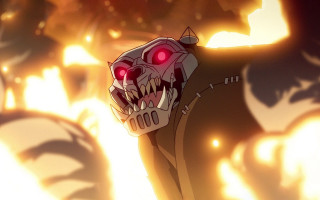 Demonic creature red eyes burning - a red light in the background free wallpaper