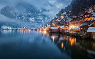 Lake mountain town night lights - magical atmosphere free wallpaper