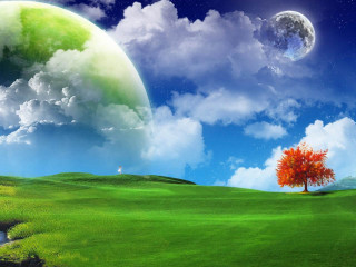 Tree moon sky green field 2 - art green free wallpaper for desktop