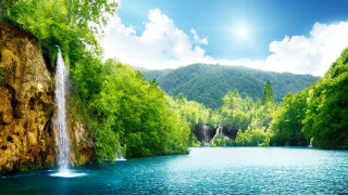 Waterfall lake trees mountains blue 2 - the middle of a lake free wallpaper