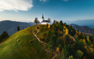Church hill steeple landscape blue - a church free wallpaper