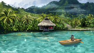 Boat river hut man pleinair - a river next free wallpaper for desktop