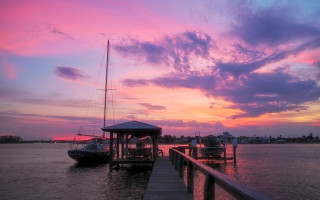 Dock boat pier gazebo sunset - pastel color palette free wallpaper for desktop