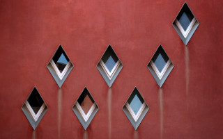 Red wall windows clock constructivism - geometric shape free wallpaper for desktop