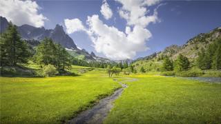 Stream green field forest mountains - a lush green field next free wallpaper for desktop