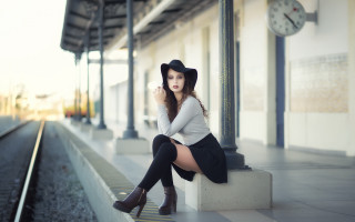 Woman bench trainstation clock fashion - anka zhuravleva free wallpaper