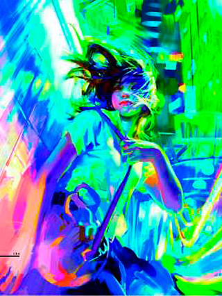 Woman chair umbrella man standing - psychedelic free wallpaper for mobile