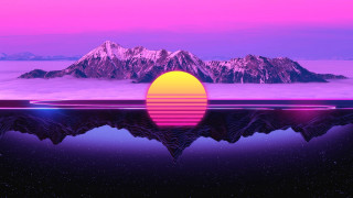 Sunset mountains water pink purple - retrowave free wallpaper