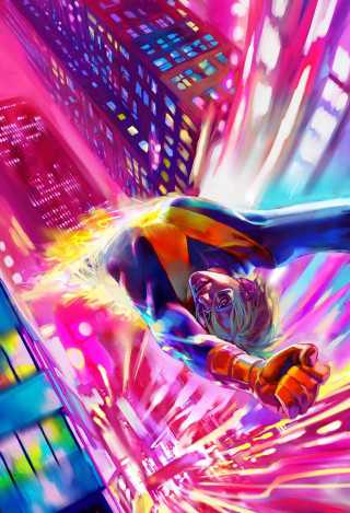 Colorful suit flying person cityscape - free cyberpunk wallpaper for mobile