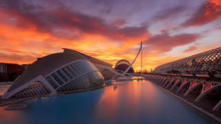 Large building pool sunset reflection - cinematic landscape free wallpaper for desktop