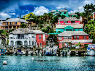 Harbor boats hillside cloudy sky - house free wallpaper