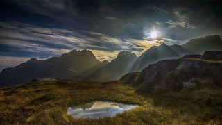Mountain pond sunbeam clouds landscape - crepuscular free wallpaper for desktop