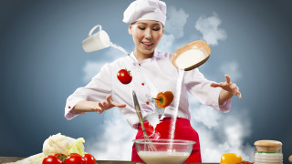 Woman chef salad making spoon - surrealism free wallpaper