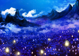 Mountain range clouds lights foreground - a painting of a mountain range free wallpaper