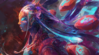 Woman colorful dress blue red - her face and body free wallpaper