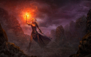 Woman sword fire darklandscape redlight - the gathering artwork free wallpaper