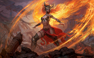 Woman red dress demon fireball - a rocky landscape free wallpaper